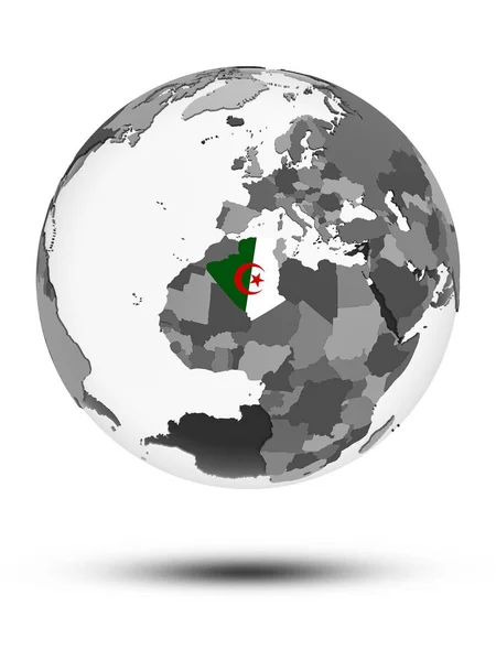 Algerije Met Vlag Wereldbol Met Schaduw Geïsoleerd Een Witte Achtergrond — Stockfoto