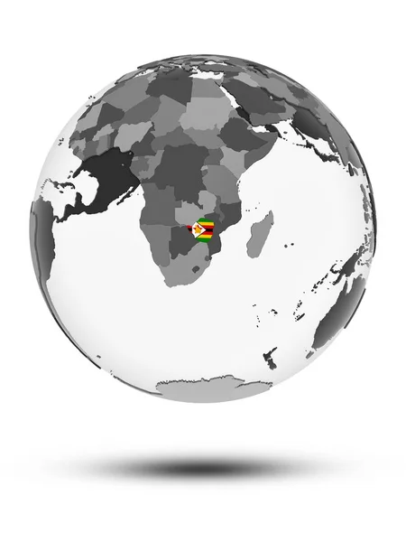 Zimbabwe Met Vlag Wereldbol Met Schaduw Geïsoleerd Een Witte Achtergrond — Stockfoto