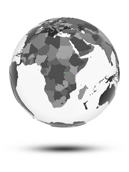 Rwanda with flag on globe with shadow isolated on white background. 3D illustration.