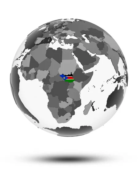 Zuid Soedan Met Vlag Wereldbol Met Schaduw Geïsoleerd Een Witte — Stockfoto