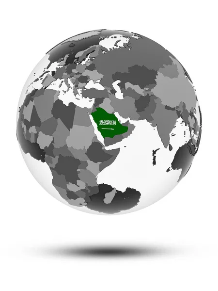 沙特阿拉伯与旗子在地球上与阴影隔绝在白色背景 — 图库照片