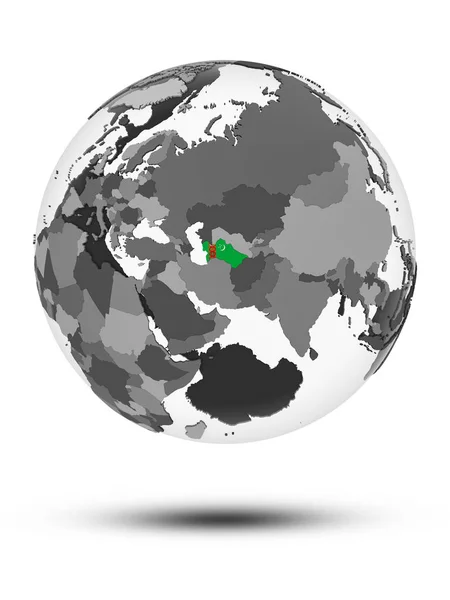 土库曼斯坦与国旗在全球与阴影隔离在白色背景 — 图库照片