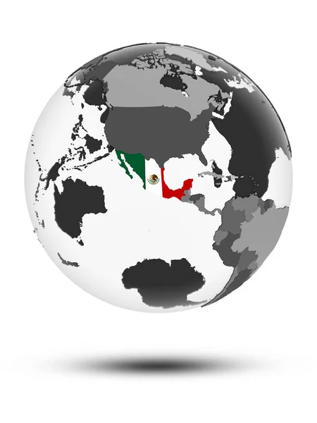 Mexiko Mit Flagge Auf Globus Mit Schatten Auf Weißem Hintergrund — Stockfoto