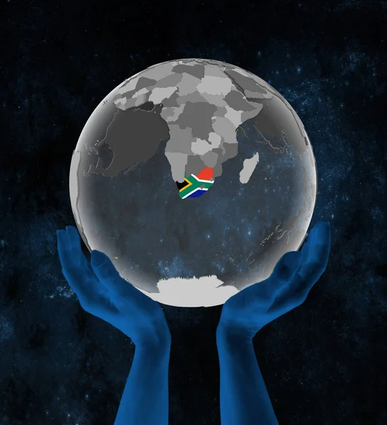 South Africa With flag on translucent globe in hands in space. 3D illustration.
