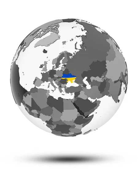 乌克兰与国旗在全球与阴影隔离在白色背景 — 图库照片