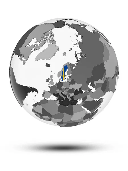 Schweden Mit Fahne Auf Globus Mit Schatten Auf Weißem Hintergrund — Stockfoto