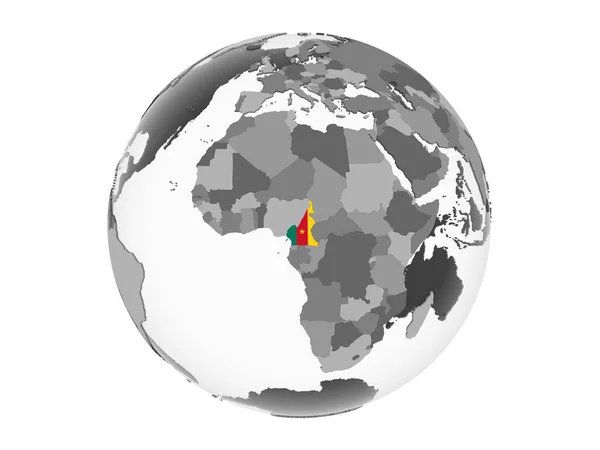 Kamerun Grå Politiska Jordglob Med Inbäddade Flagga Illustration Isolerade Vit — Stockfoto