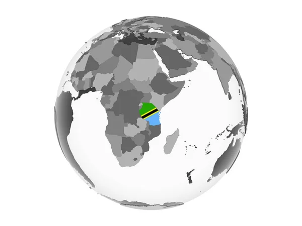 Tanzanie Šedé Politické Globe Vloženými Vlajky Ilustrace Izolované Bílém Pozadí — Stock fotografie