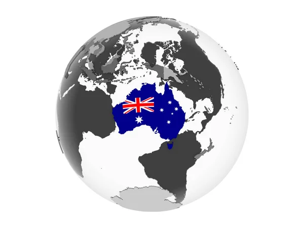 澳大利亚在灰色政治地球仪与嵌入的旗子 在白色背景上隔离的插图 — 图库照片