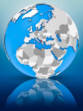 Arnavutluk yüzeyinde yansıtan dünya üzerinde. 3D çizim.