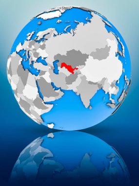 Özbekistan yüzeyinde yansıtan dünya üzerinde. 3D çizim.