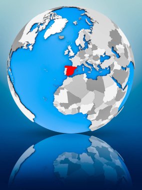 İspanya Dünya yüzeyinde yansıtan üzerinde. 3D çizim.