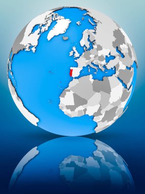 Portekiz Dünya yüzeyinde yansıtan üzerinde. 3D çizim.