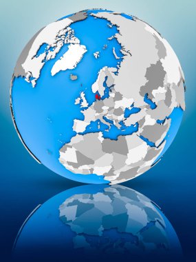 Danimarka yüzeyinde yansıtan dünya üzerinde. 3D çizim.