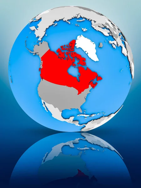 Canada on globe reflecting on surface. 3D illustration.