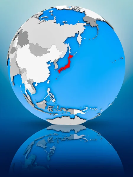 Japan on globe reflecting on surface. 3D illustration.