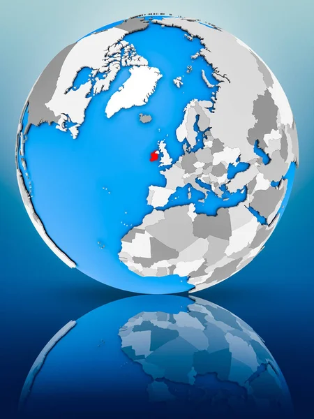 Ireland on globe reflecting on surface. 3D illustration.
