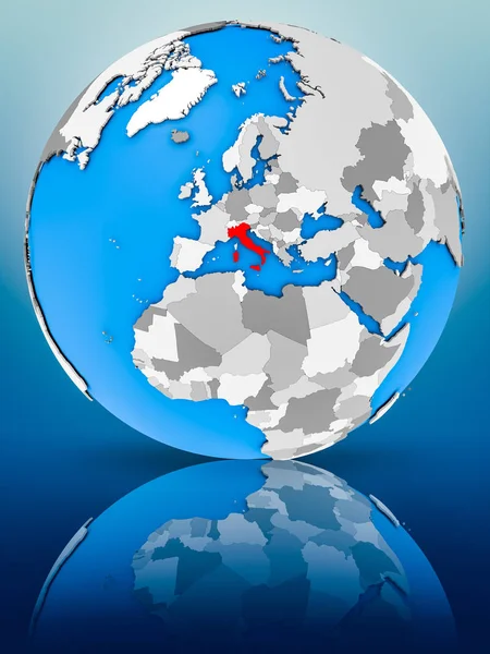 Italy on globe reflecting on surface. 3D illustration.