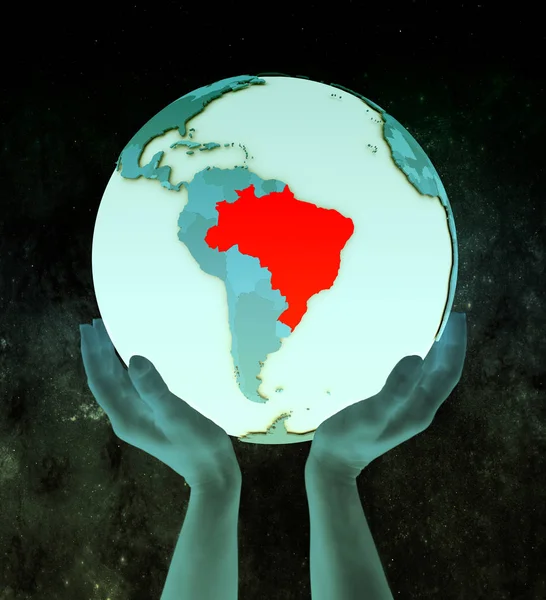Бразилия Блестящем Голубом Глобусе Руках Космосе Иллюстрация — стоковое фото