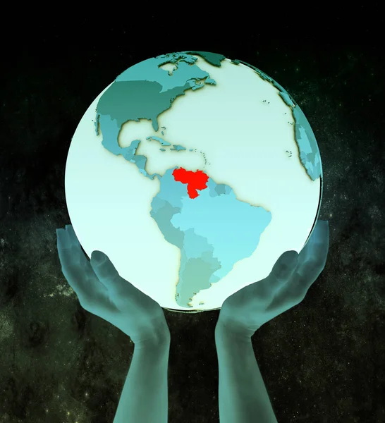 Venezuela on shiny blue globe in hands in space. 3D illustration.