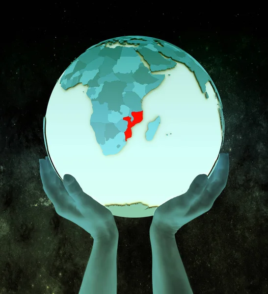 Мозамбик Блестящем Голубом Глобусе Руках Космосе Иллюстрация — стоковое фото
