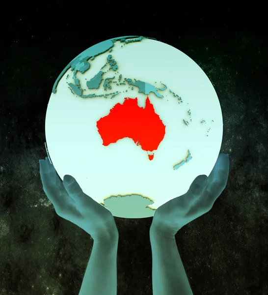 Australia on shiny blue globe in hands in space. 3D illustration.