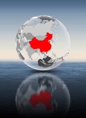 Çin kırmızı şeffaf küre suyun üstünde yüzen üzerinde. 3D çizim.