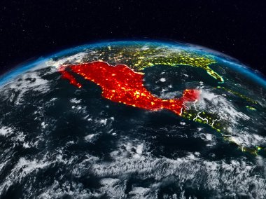 Meksika görünür ülke sınırları ile dünya üzerindeki gece uzaydan. 3D çizim. Nasa tarafından döşenmiş bu görüntü unsurları.