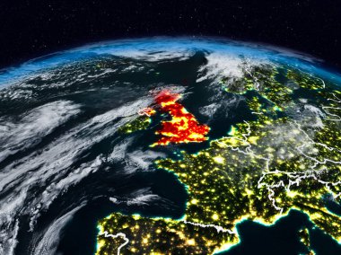 Görünür ülke sınırları ile dünya üzerindeki gece uzaydan İngiltere. 3D çizim. Nasa tarafından döşenmiş bu görüntü unsurları.