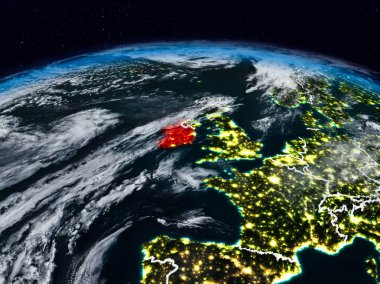 İrlanda görünür ülke sınırları ile dünya üzerindeki gece uzaydan. 3D çizim. Nasa tarafından döşenmiş bu görüntü unsurları.