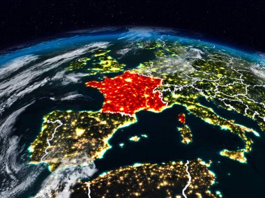 Fransa görünür ülke sınırları ile dünya üzerindeki gece uzaydan. 3D çizim. Nasa tarafından döşenmiş bu görüntü unsurları.