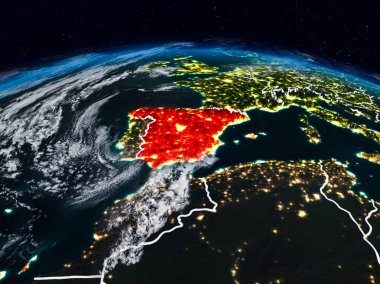 İspanya görünür ülke sınırları ile dünya üzerindeki gece uzaydan. 3D çizim. Nasa tarafından döşenmiş bu görüntü unsurları.