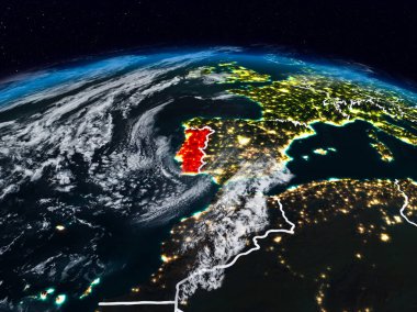 Portekiz görünür ülke sınırları ile dünya üzerindeki gece uzaydan. 3D çizim. Nasa tarafından döşenmiş bu görüntü unsurları.