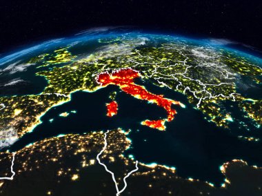 İtalya görünür ülke sınırları ile dünya üzerindeki gece uzaydan. 3D çizim. Nasa tarafından döşenmiş bu görüntü unsurları.