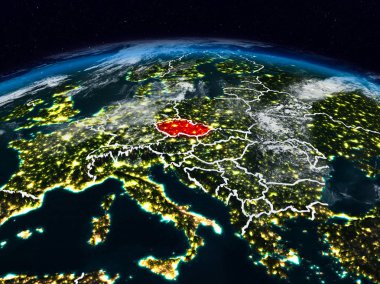 Çek Cumhuriyeti görünür ülke sınırları ile dünya üzerindeki gece uzaydan. 3D çizim. Nasa tarafından döşenmiş bu görüntü unsurları.
