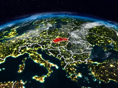 Slovakya görünür ülke sınırları ile dünya üzerindeki gece uzaydan. 3D çizim. Nasa tarafından döşenmiş bu görüntü unsurları.