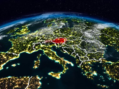 Avusturya görünür ülke sınırları ile dünya üzerindeki gece uzaydan. 3D çizim. Nasa tarafından döşenmiş bu görüntü unsurları.
