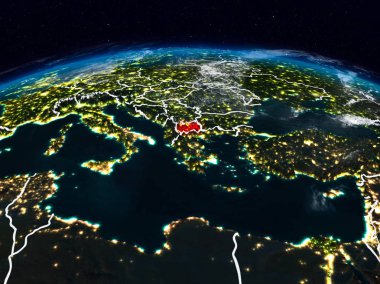 Makedonya görünür ülke sınırları ile dünya üzerindeki gece uzaydan. 3D çizim. Nasa tarafından döşenmiş bu görüntü unsurları.