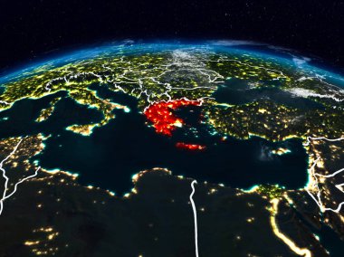 Yunanistan görünür ülke sınırları ile dünya üzerindeki gece uzaydan. 3D çizim. Nasa tarafından döşenmiş bu görüntü unsurları.