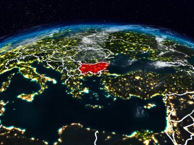 Bulgaristan görünür ülke sınırları ile dünya üzerindeki gece uzaydan. 3D çizim. Nasa tarafından döşenmiş bu görüntü unsurları.