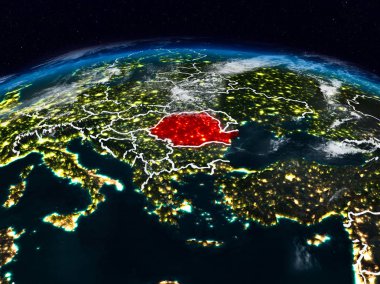 Romanya görünür ülke sınırları ile dünya üzerindeki gece uzaydan. 3D çizim. Nasa tarafından döşenmiş bu görüntü unsurları.