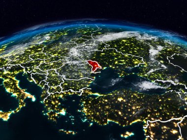 Moldova görünür ülke sınırları ile dünya üzerindeki gece uzaydan. 3D çizim. Nasa tarafından döşenmiş bu görüntü unsurları.