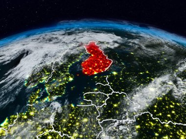 Finlandiya görünür ülke sınırları ile dünya üzerindeki gece uzaydan. 3D çizim. Nasa tarafından döşenmiş bu görüntü unsurları.