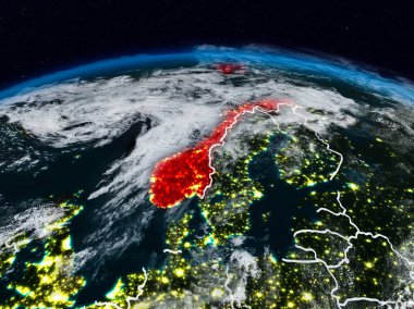 Norveç görünür ülke sınırları ile dünya üzerindeki gece uzaydan. 3D çizim. Nasa tarafından döşenmiş bu görüntü unsurları.