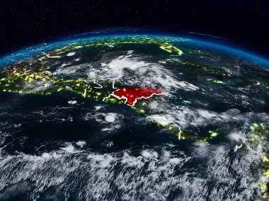 Honduras görünür ülke sınırları ile dünya üzerindeki gece uzaydan. 3D çizim. Nasa tarafından döşenmiş bu görüntü unsurları.