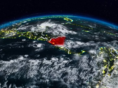 Nikaragua görünür ülke sınırları ile dünya üzerindeki gece uzaydan. 3D çizim. Nasa tarafından döşenmiş bu görüntü unsurları.