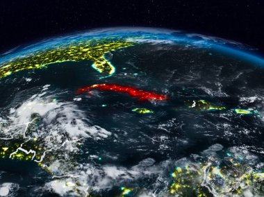 Küba görünür ülke sınırları ile dünya üzerindeki gece uzaydan. 3D çizim. Nasa tarafından döşenmiş bu görüntü unsurları.