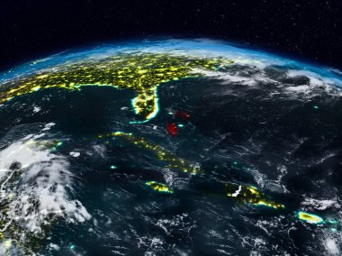 Bahamalar görünür ülke sınırları ile dünya üzerindeki gece uzaydan. 3D çizim. Nasa tarafından döşenmiş bu görüntü unsurları.