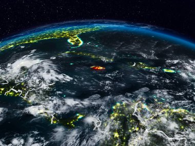 Jamaika görünür ülke sınırları ile dünya üzerindeki gece uzaydan. 3D çizim. Nasa tarafından döşenmiş bu görüntü unsurları.