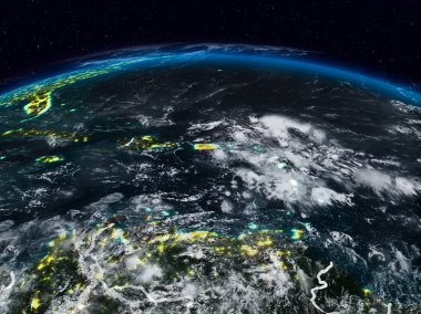 Porto Riko görünür ülke sınırları ile dünya üzerindeki gece uzaydan. 3D çizim. Nasa tarafından döşenmiş bu görüntü unsurları.